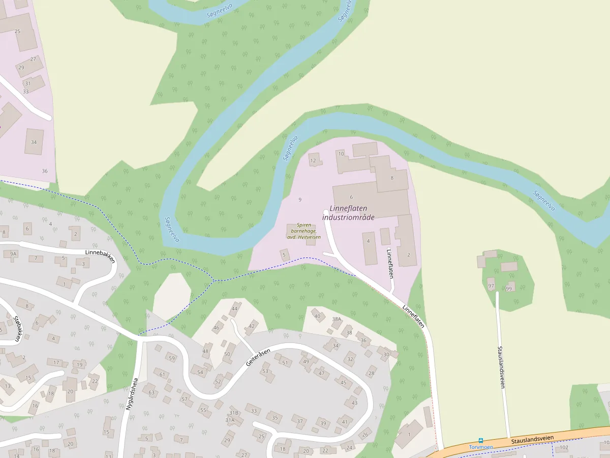 Kart over Linneflaten 7 i Søgne, med Stauslandsveien som innkjøring.